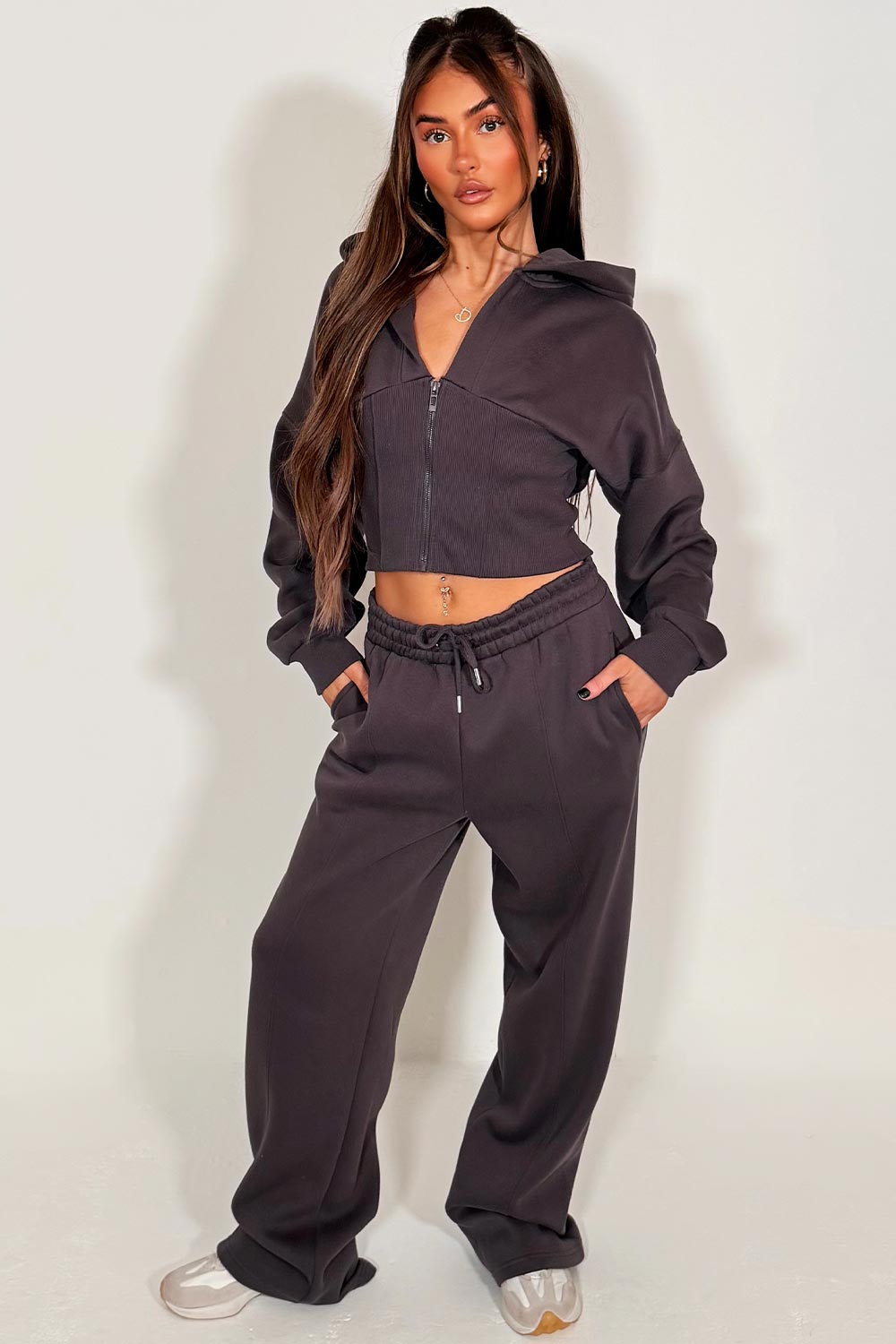 womens joggers and crop corset hoodie tracksuit set two piece