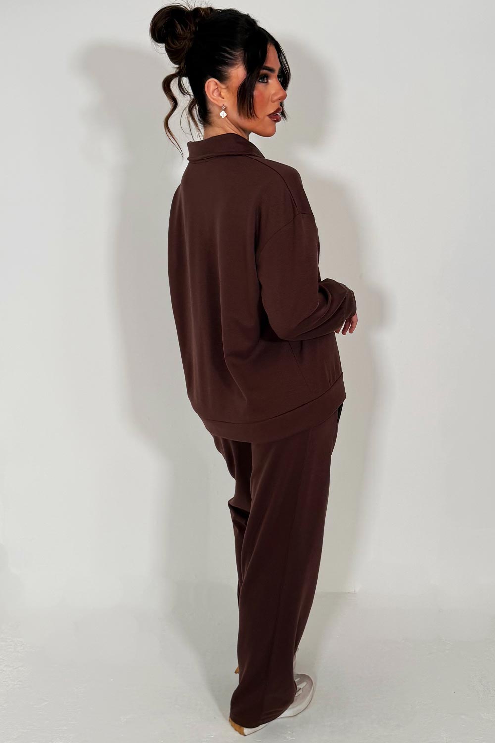 loungewear womens half button up front collared sweatshirt and joggers set airport outfit styledup