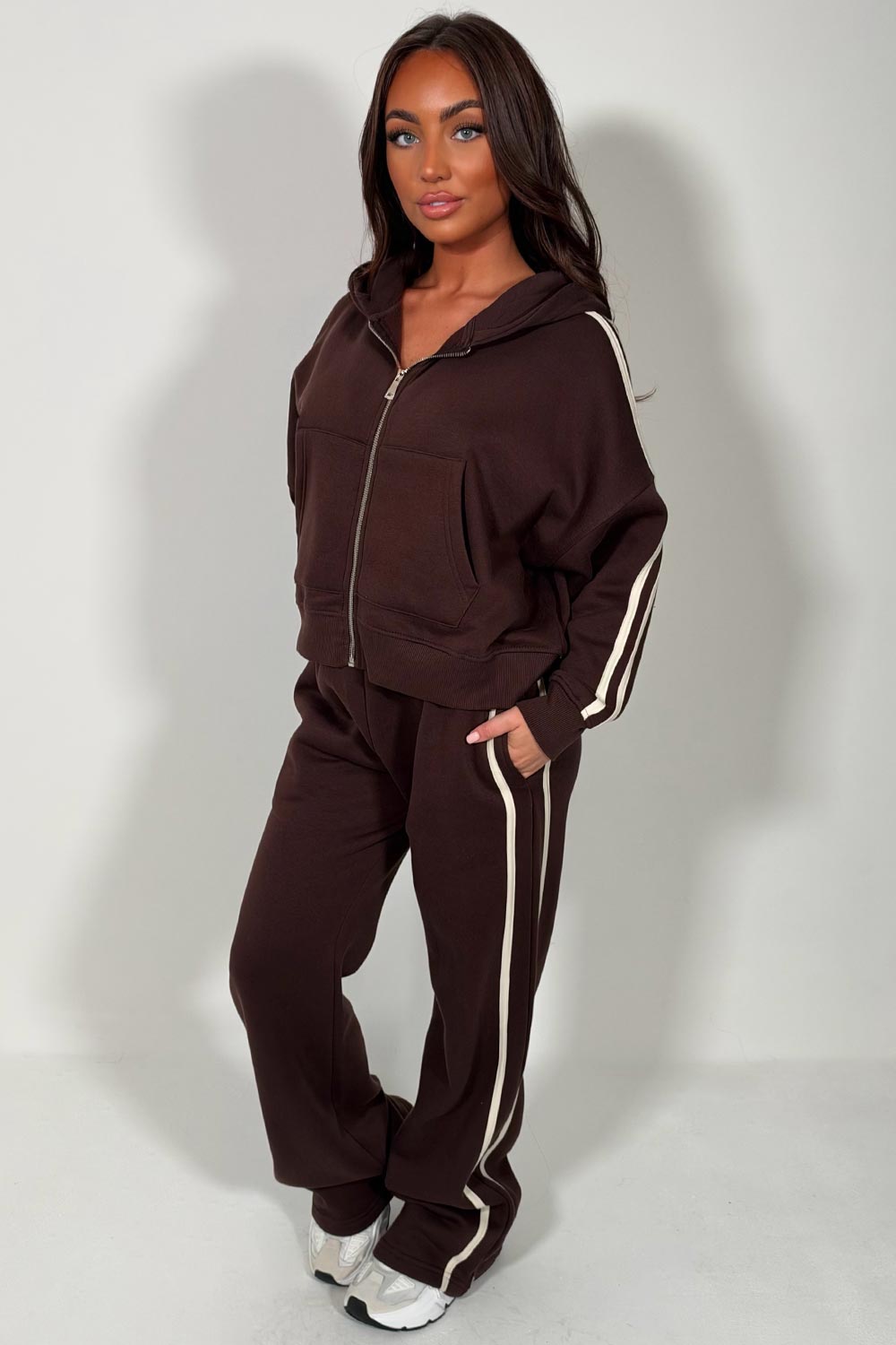 womens joggers and hoodie tracksuit set two piece travel in outfit brown styledup uk