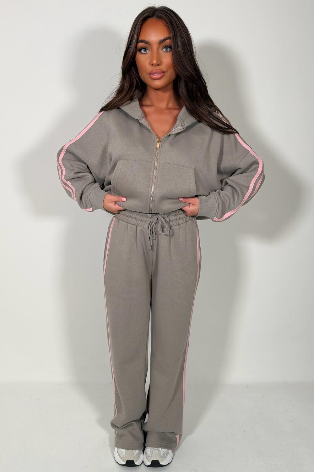 dove grey zip up hoodie and joggers tracksuit co ord set for womens styledup