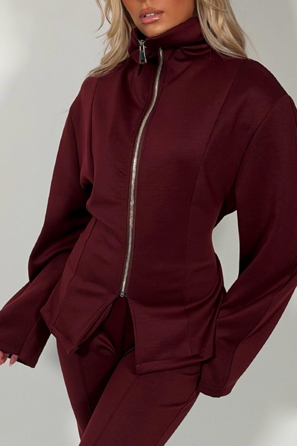 womens burgundy zip up tie back top and wide leg trousers two piece co ord set styledup uk