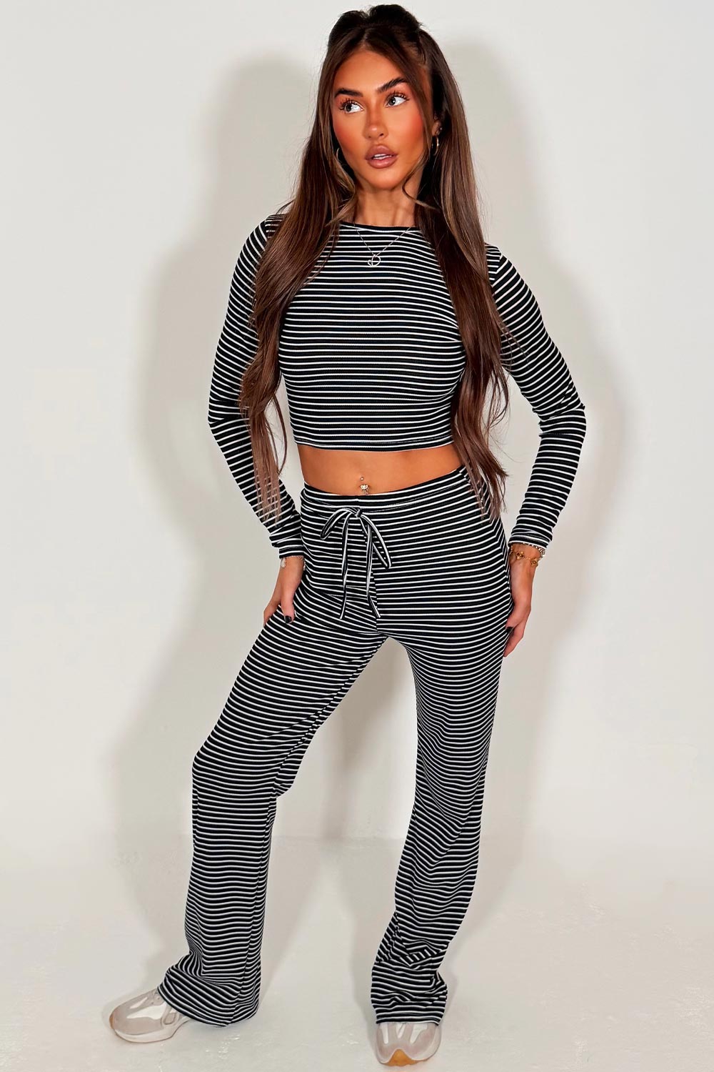 striped lounge set black co ord crop top with long sleeves and wide leg trouser set for womens styledup
