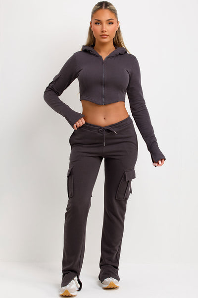 Solid Cropped Hoodie & Cargo Jumpsuit Set--Clearance
