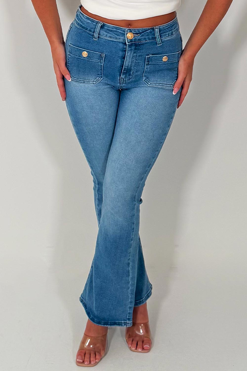 womens flare jeans mid rise waist front patch pockets styledup uk sale