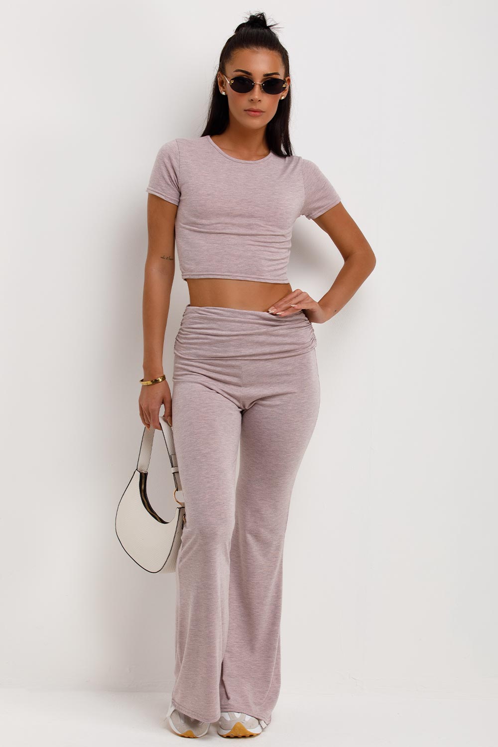 fold hem flared trousers and crop top co ord set pink casual outfit