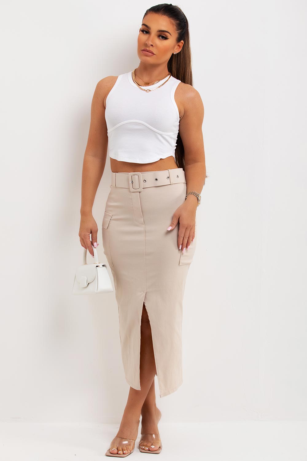 cargo midi skirt with belt bengaline