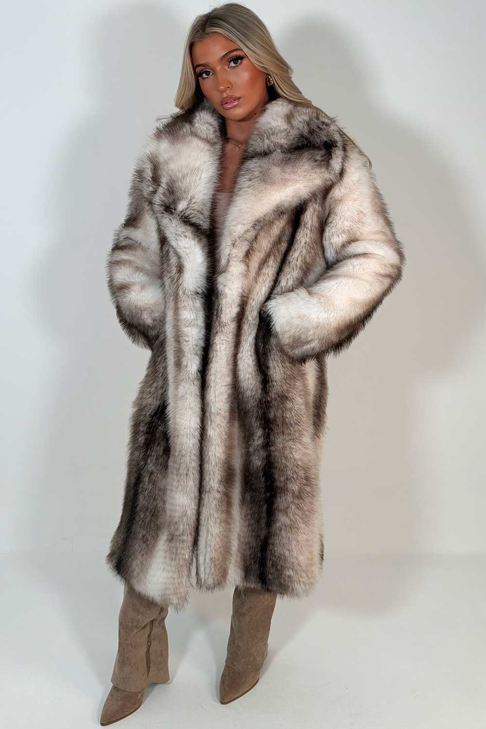 styledup cream colour-way fur longline coat uk for womens uk