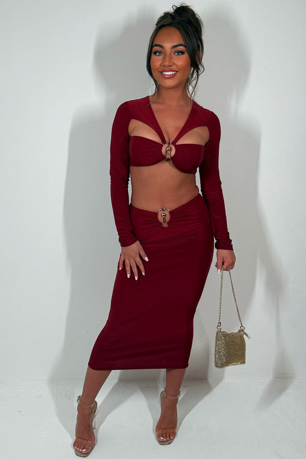 cut out long sleeve crop top and maxi skirt two piece outfit set with gold buckle valentine's day outfit