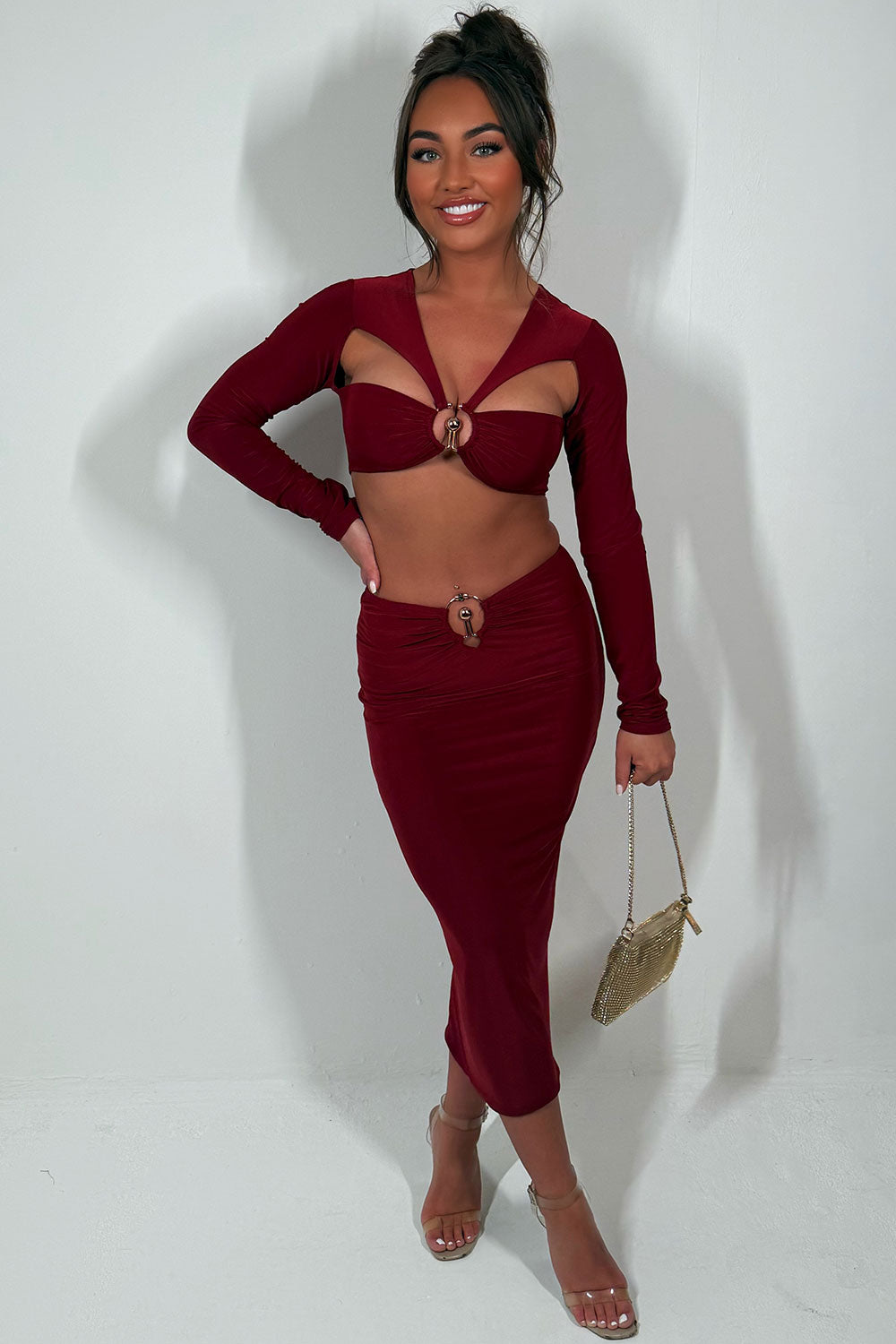 gold buckle cut out maxi skirt and long sleeve crop top set matching outfit for night out festival raves