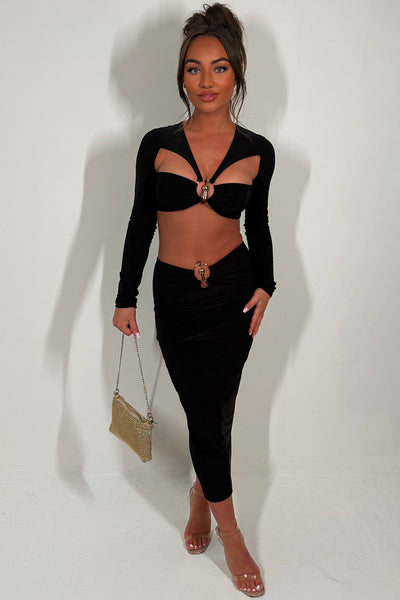 Skirt And Long Sleeve Top Set Gold Buckle Going Out Festival Outfit