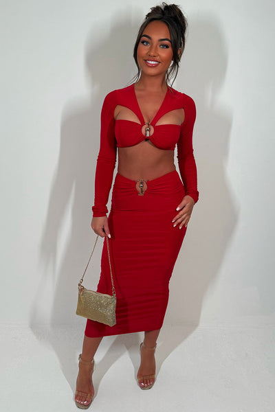 Gold Coast Long Sleeve V Neck Top Slit Skirt Set