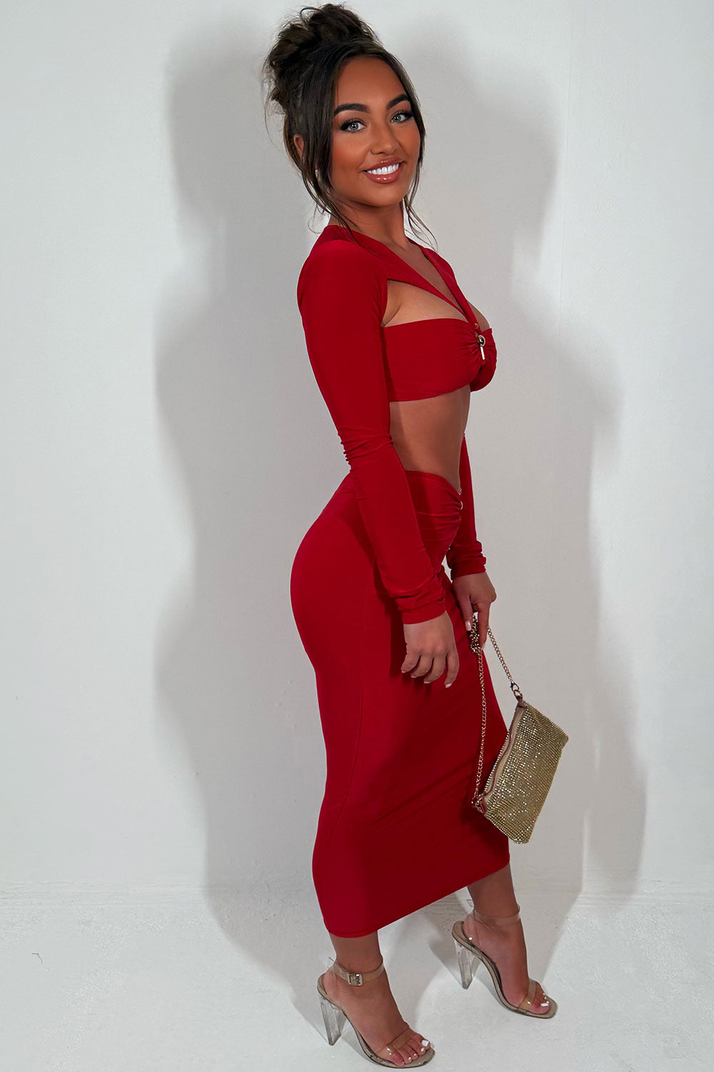 gold buckle cut out maxi skirt and long sleeve crop top set matching outfit for night out festival raves