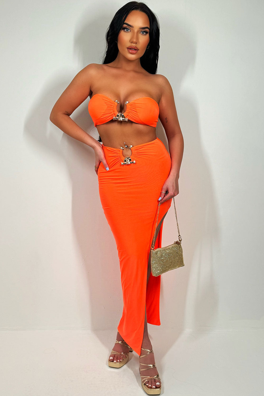 maxi skirt and bandeau top with gold buckle two piece set festival going out holiday outfit