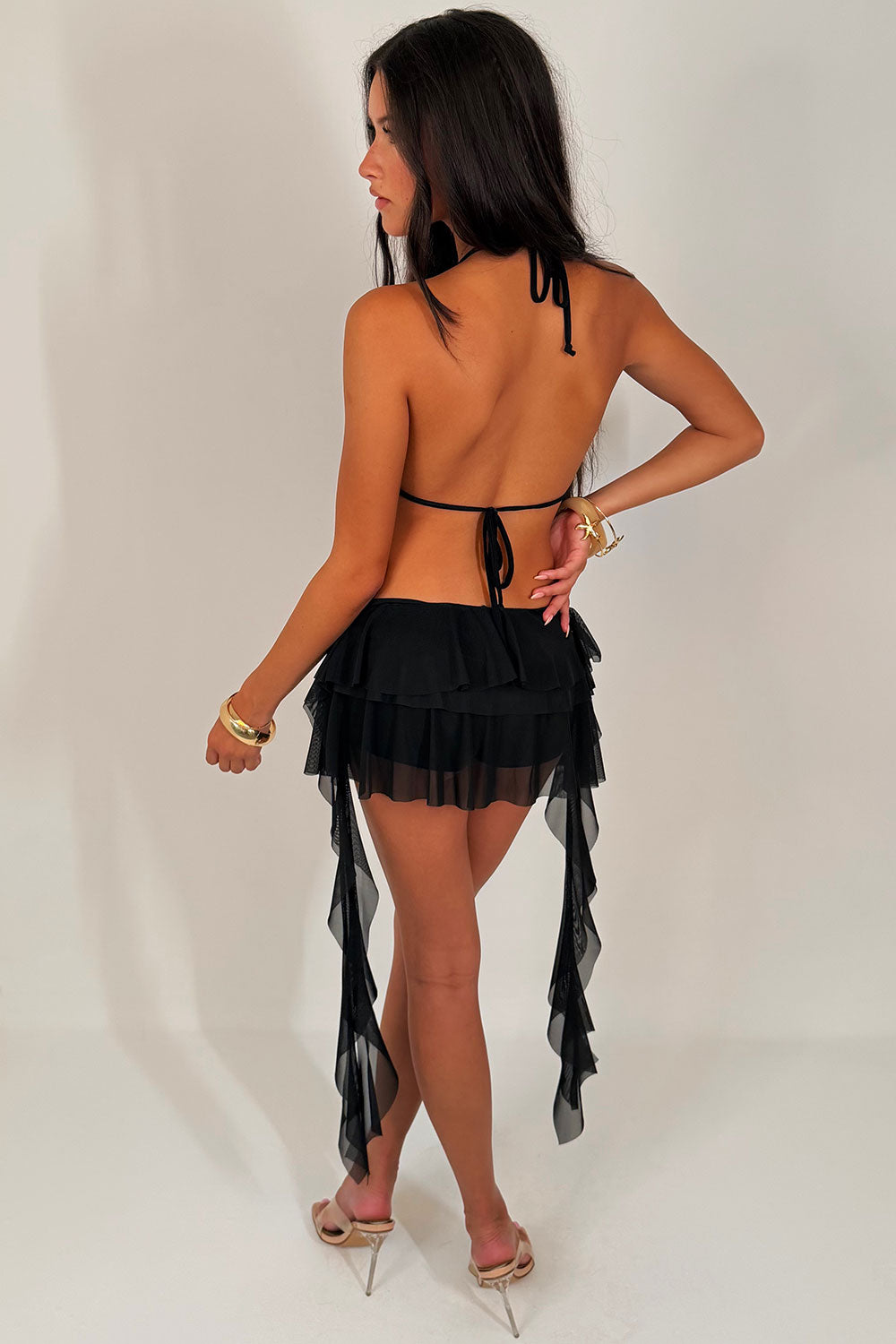 cowl halterneck backless top and ruffle frilly shorts with drapes night out festival outfit for womens styledup uk