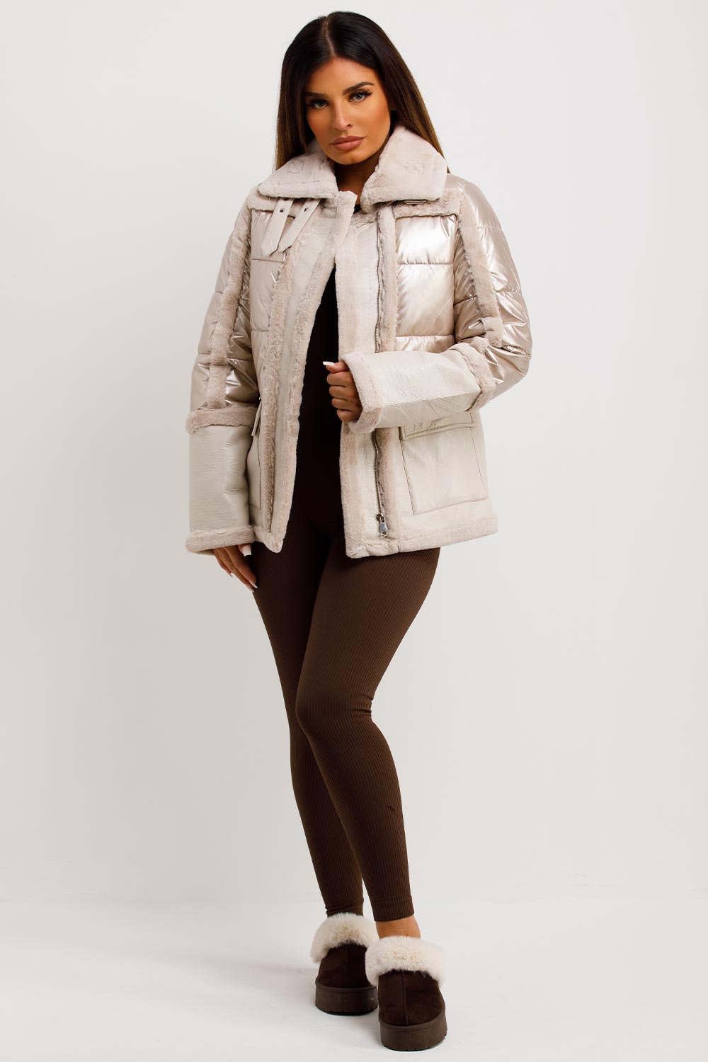 faux fur shiny puffer padded jacket womens outerwear