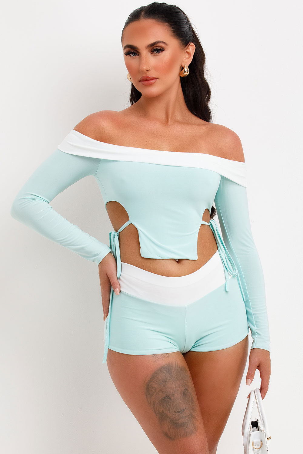 fold bandeau top and shorts two piece outfit set festival clothes