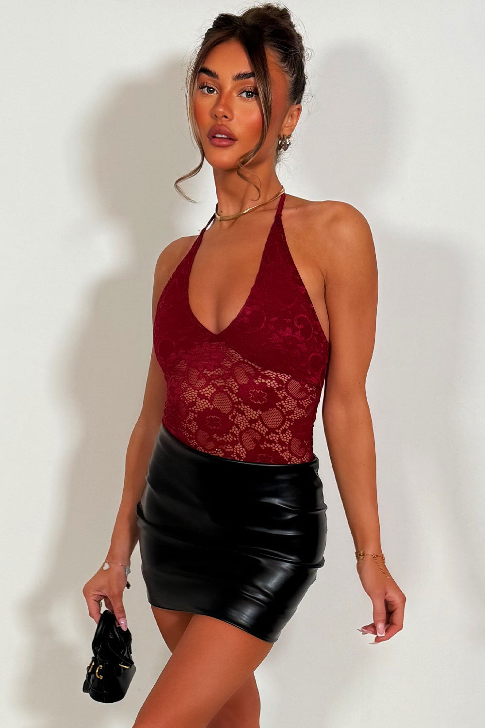 halter lace top faux leather skirt contrast christmas party dress
