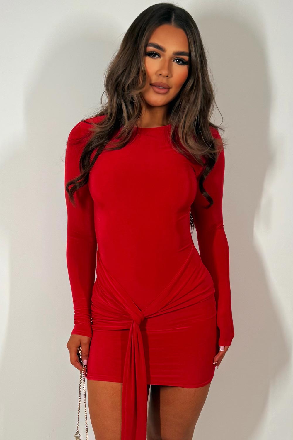 mini dress with long sleeves and drape tie front going out occasion party outfit styledup