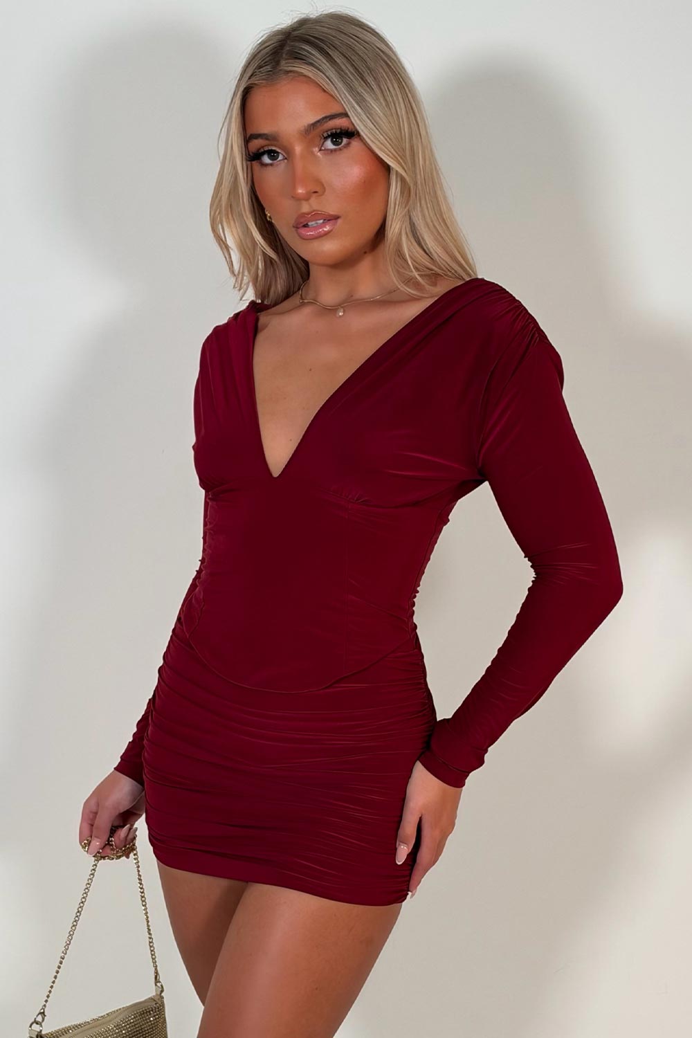 plunge neck long sleeve mini dress with corset detail styledup uk