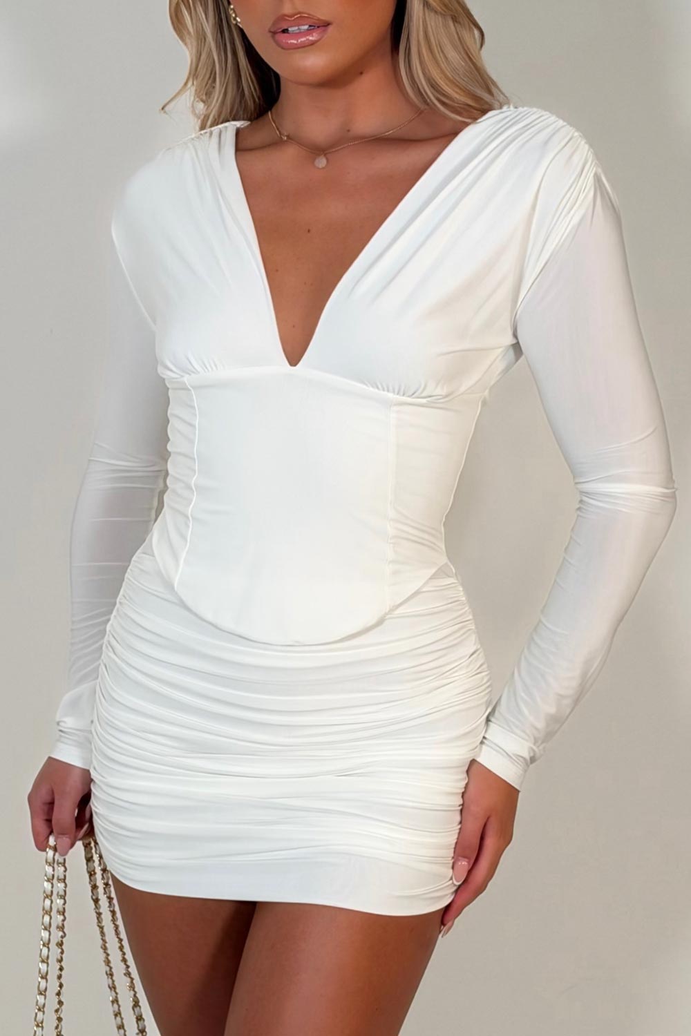 plunge neck long sleeve mini dress with corset detail night out festival rave christmas party outfit uk styledup