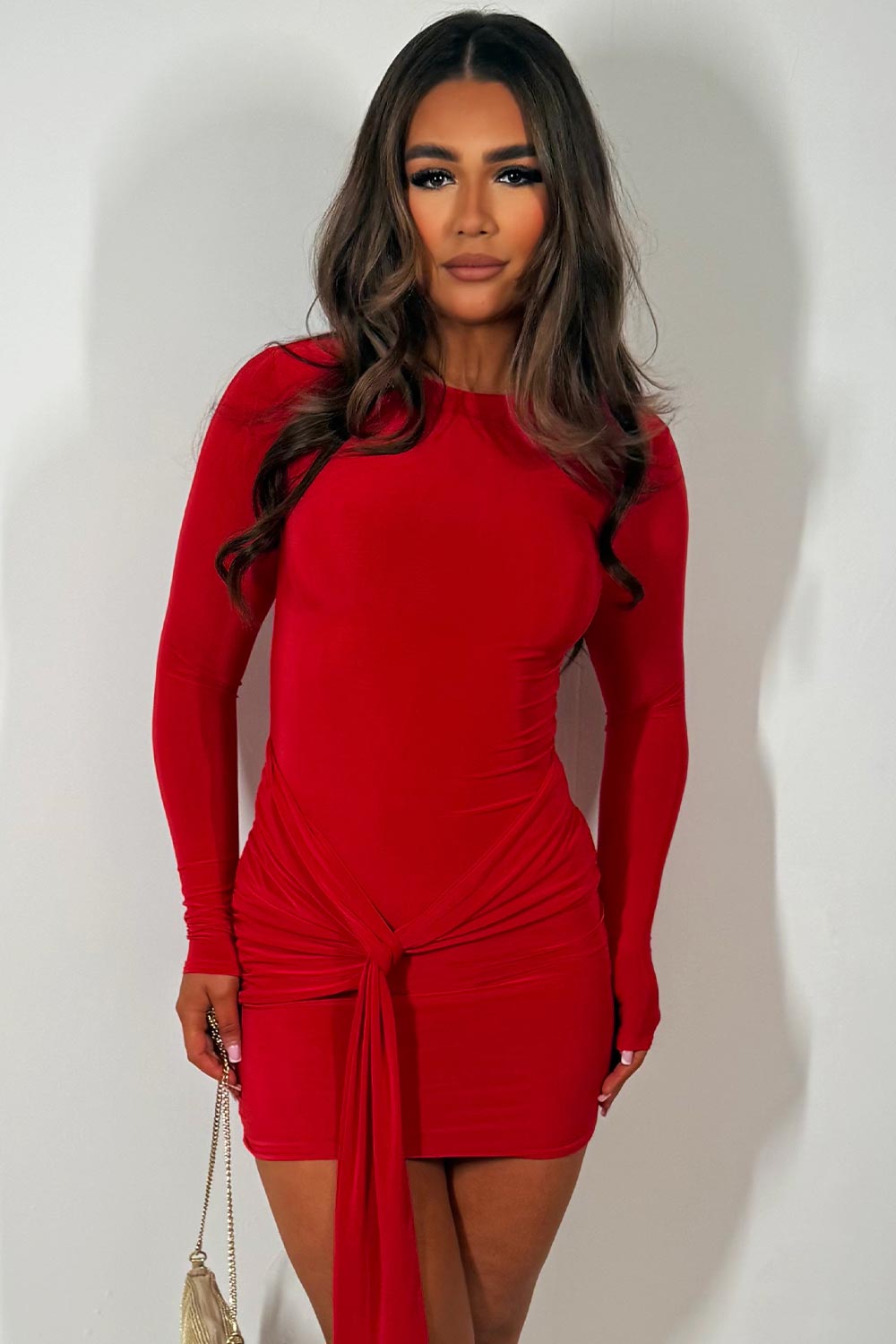 red long sleeve mini dress with drape detail going out date night occasion outfit styledup