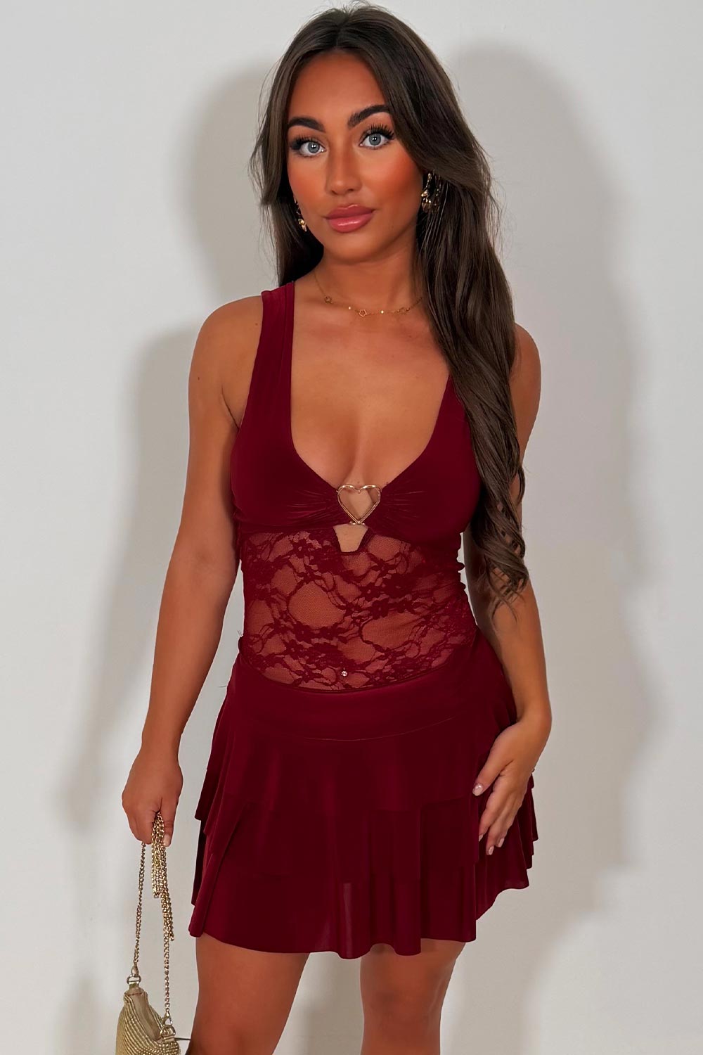 plunging ruffle frilly mini dress burgundy styledup