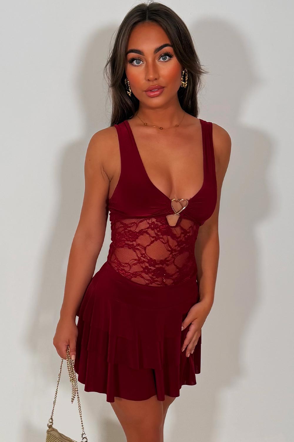 ruffle frilly mini dress for christmas party night out outfit in burgundy colour styledup