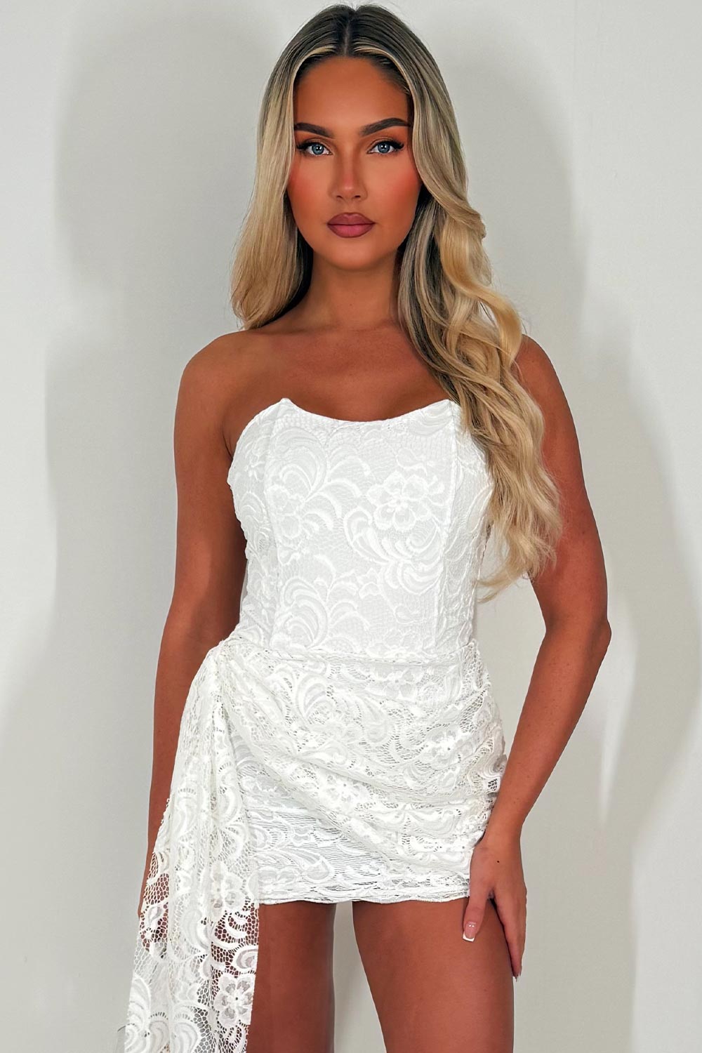 bardot lace dress with drape detail occasion outfit