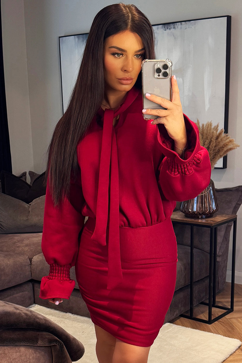 long sleeve jumper dress with ruffle cuff bodycon shape