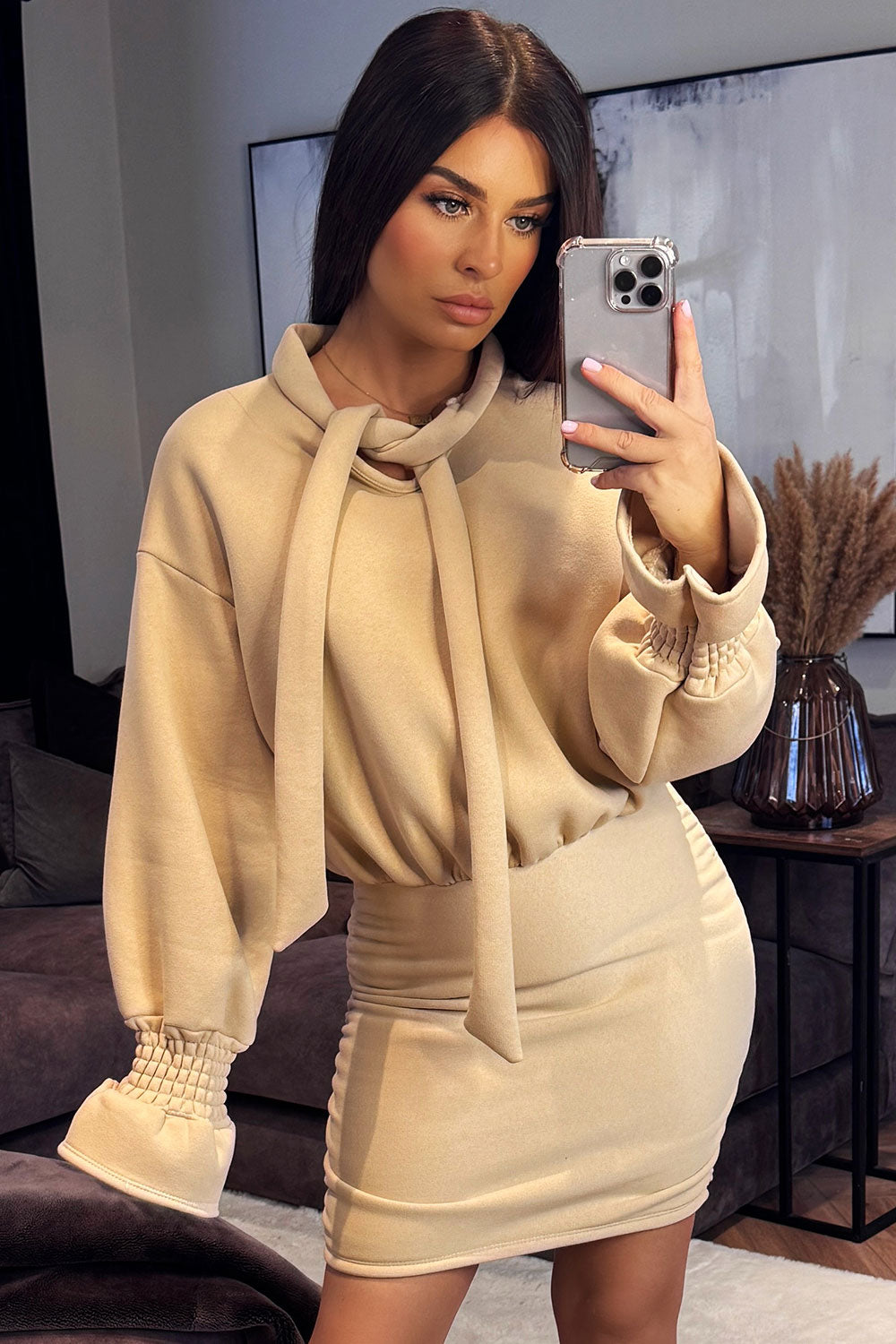 womens long sleeve jumper dress with bow tie front