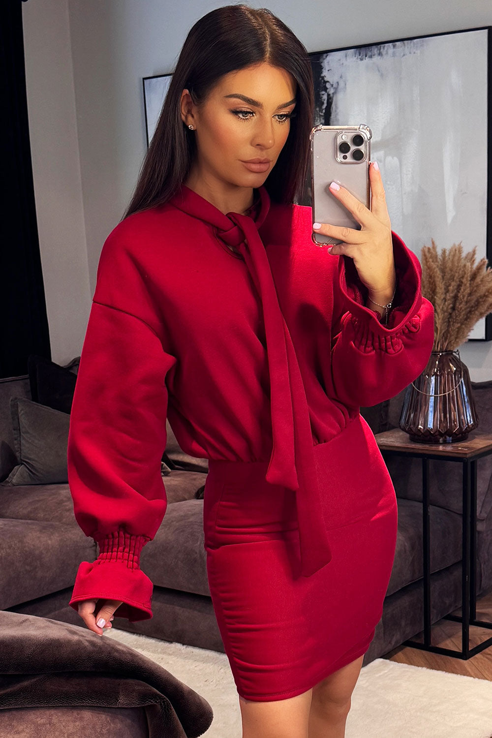 womens long sleeve jumper dress with bow tie front