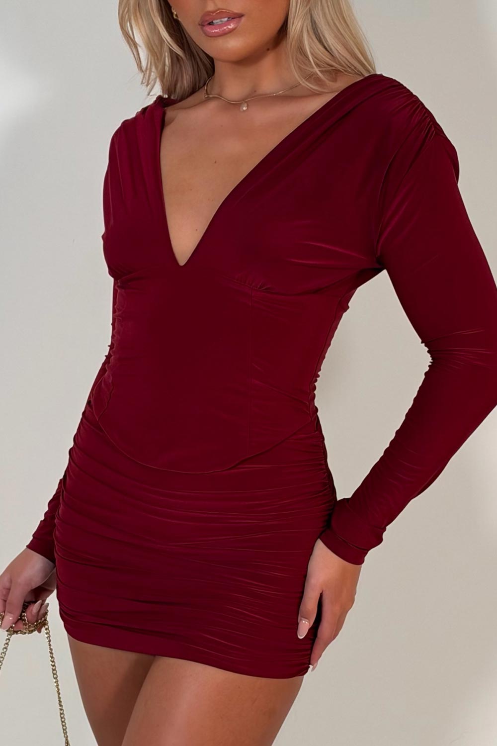 plunge neck long sleeve mini dress with corset detail night out festival rave christmas party outfit uk styledup
