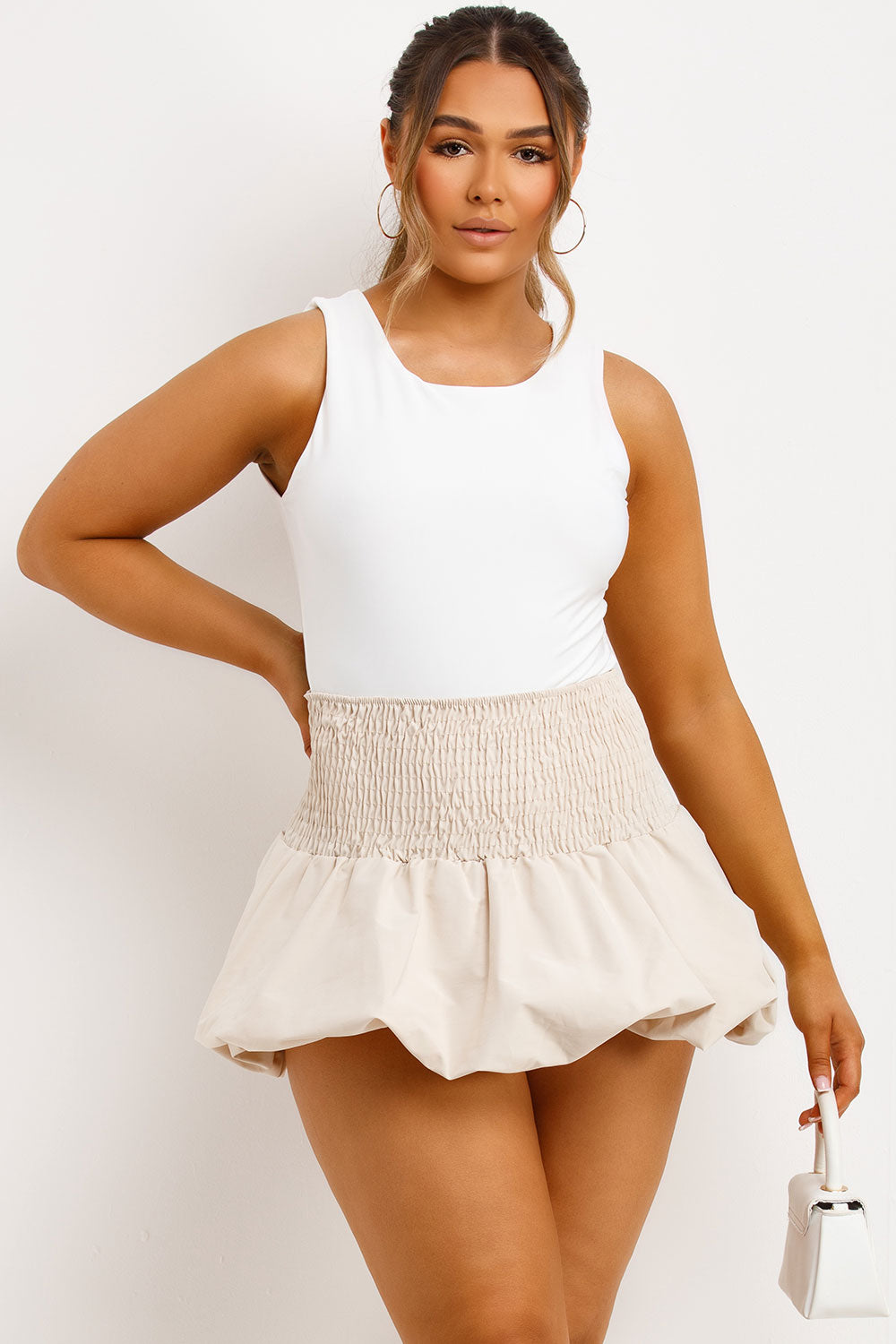 shirred elasticated waist puffball skirt