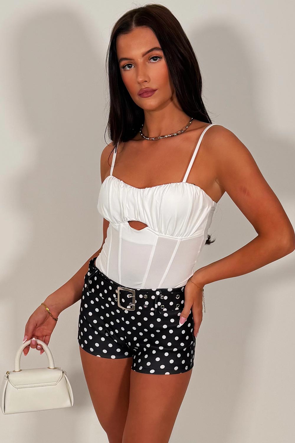 black polka dot shorts with belt summer occasion going out outfit y2k styledup white fox uk sale