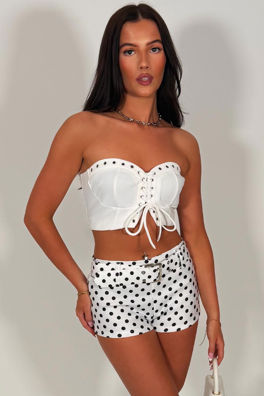 white polka dot shorts with belt summer occasion going out outfit y2k styledup white fox uk sale