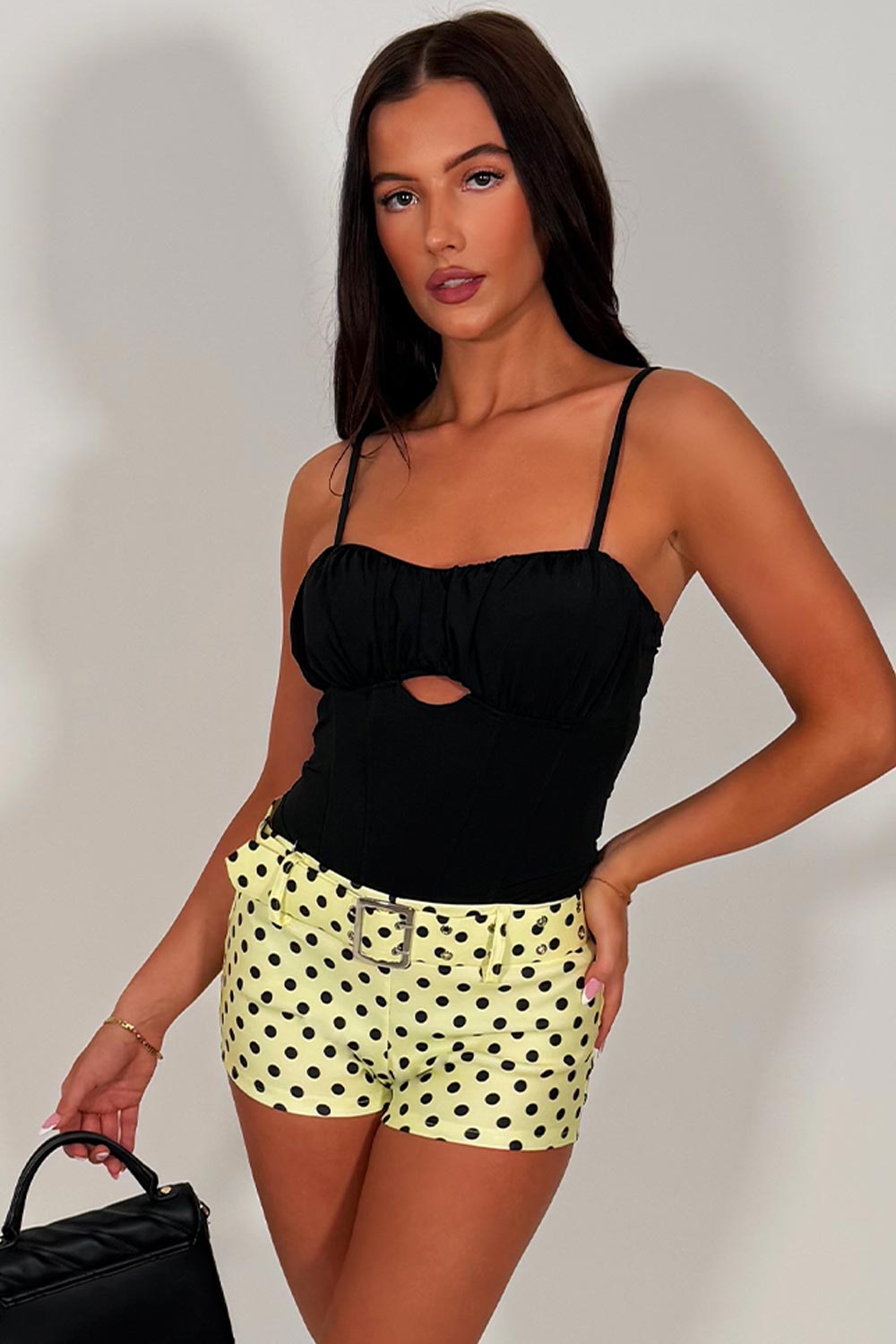yellow polka dot shorts with belt summer occasion going out outfit y2k styledup white fox uk sale