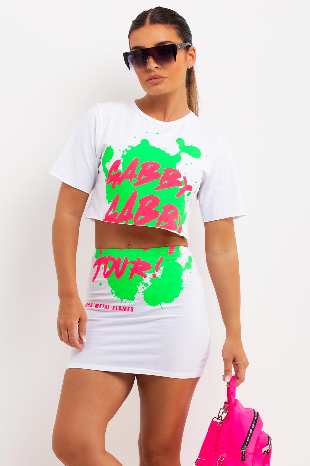 mini skirt and crop t shirt co ord with gabby gabby slogan