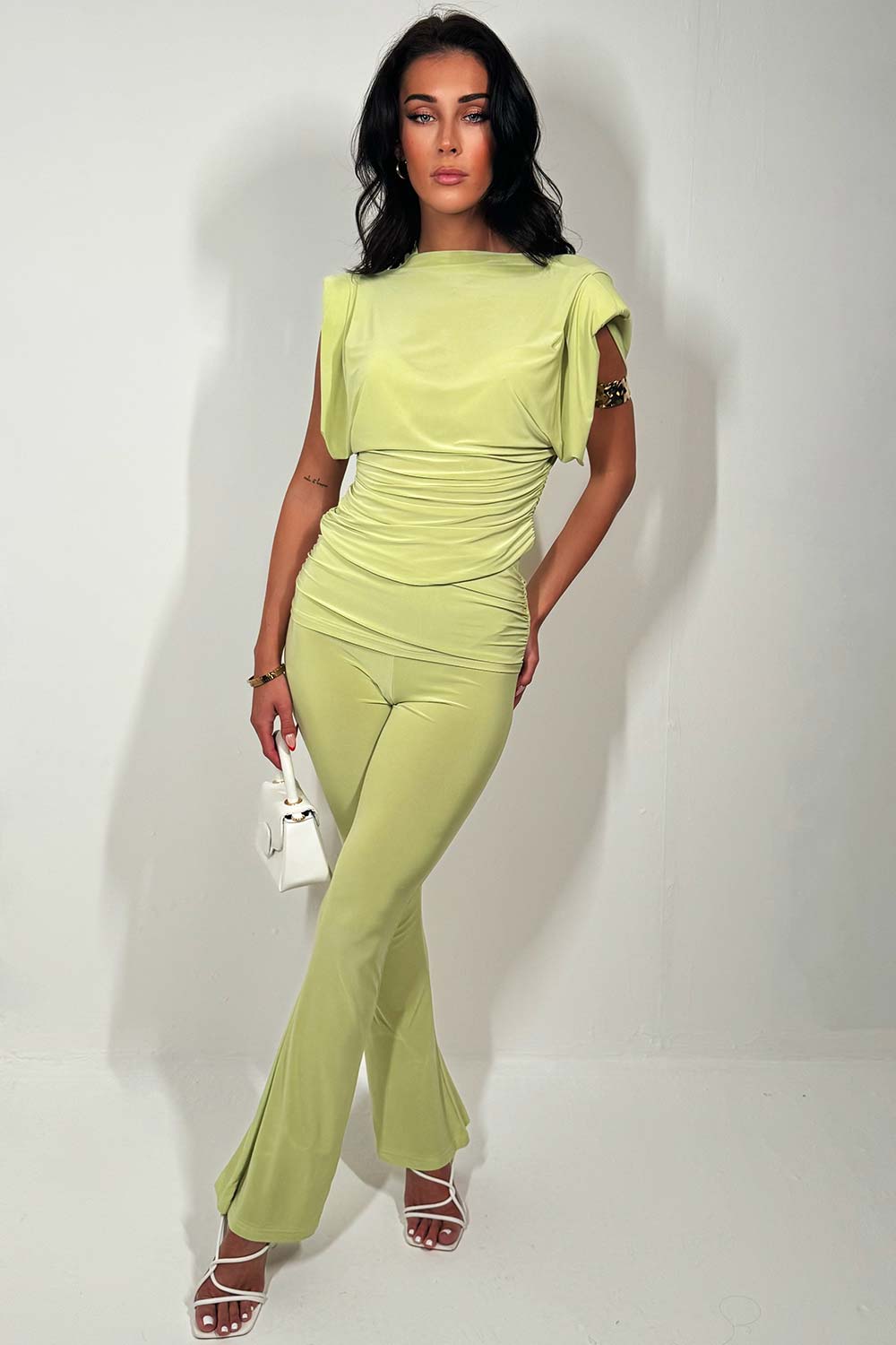 skinny flare trousers and occasion top co ord set going out holiday outfit