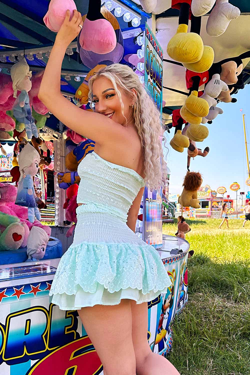 shirred bandeau crop top and rara ruffle skirt co ord