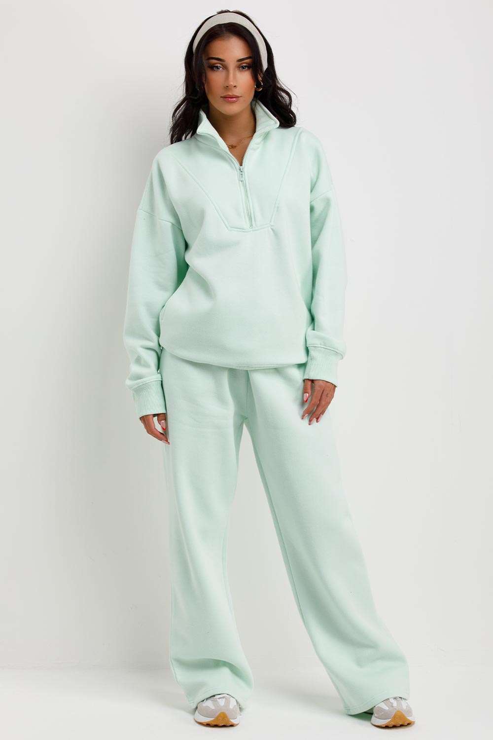 womens half zip jumper and joggers tracksuit loungewear co ord airport outfit