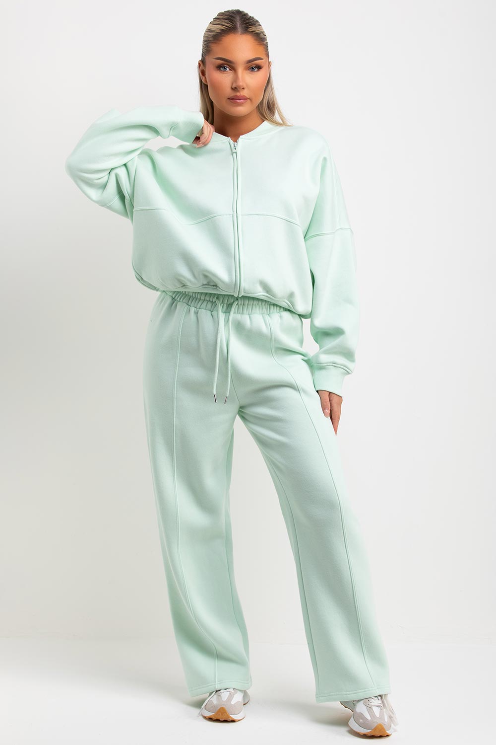 womens bomber sweatshirt with zip and straight leg joggers tracksuit set loungewear co ord