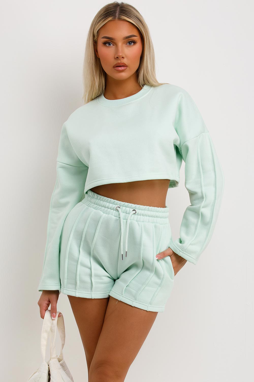 womens crop sweatshirt and shorts two piece tracksuit set