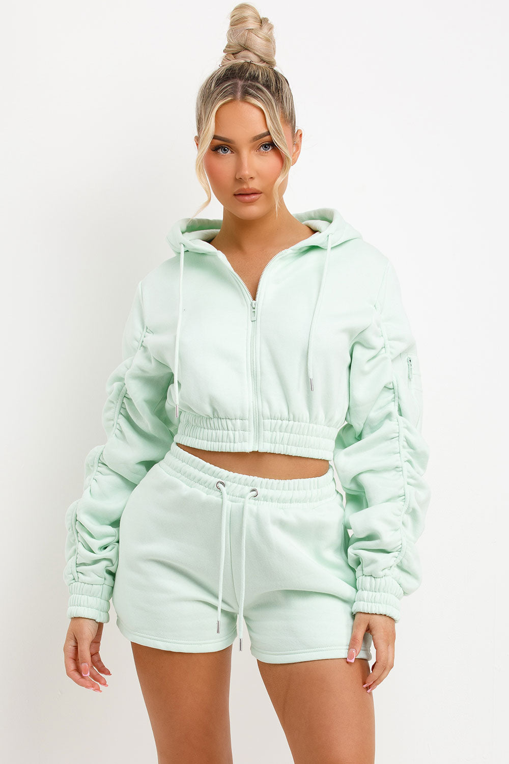 ruched crop zip hoodie and short tracksuit summer lounge set for womens