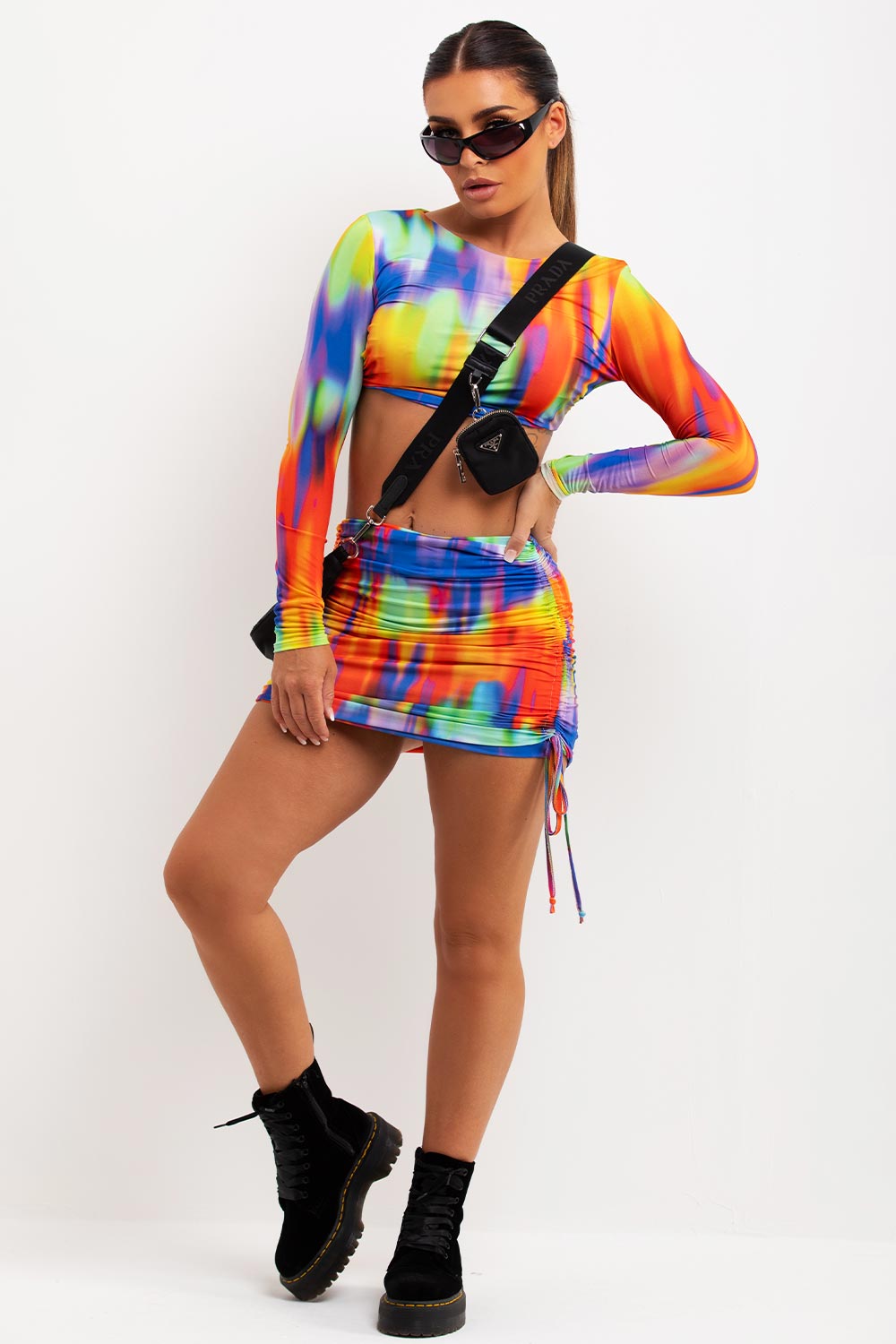 long sleeve crop top and ruched mini skirt festival rave outfit