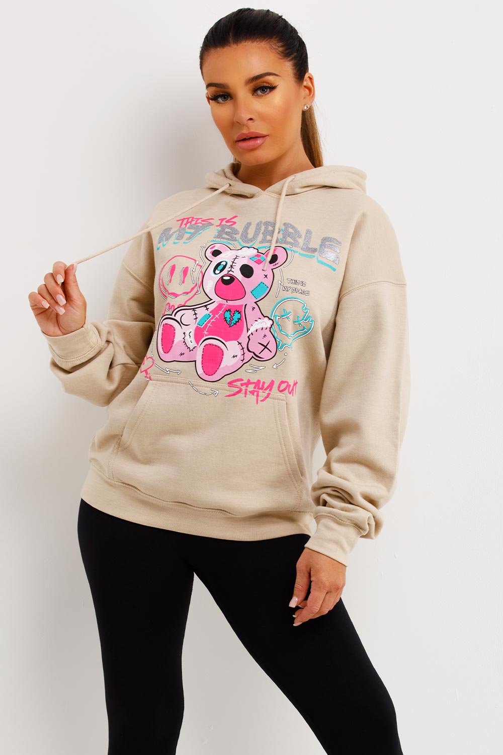 womens oversized hooded sweatshirt with teddy print