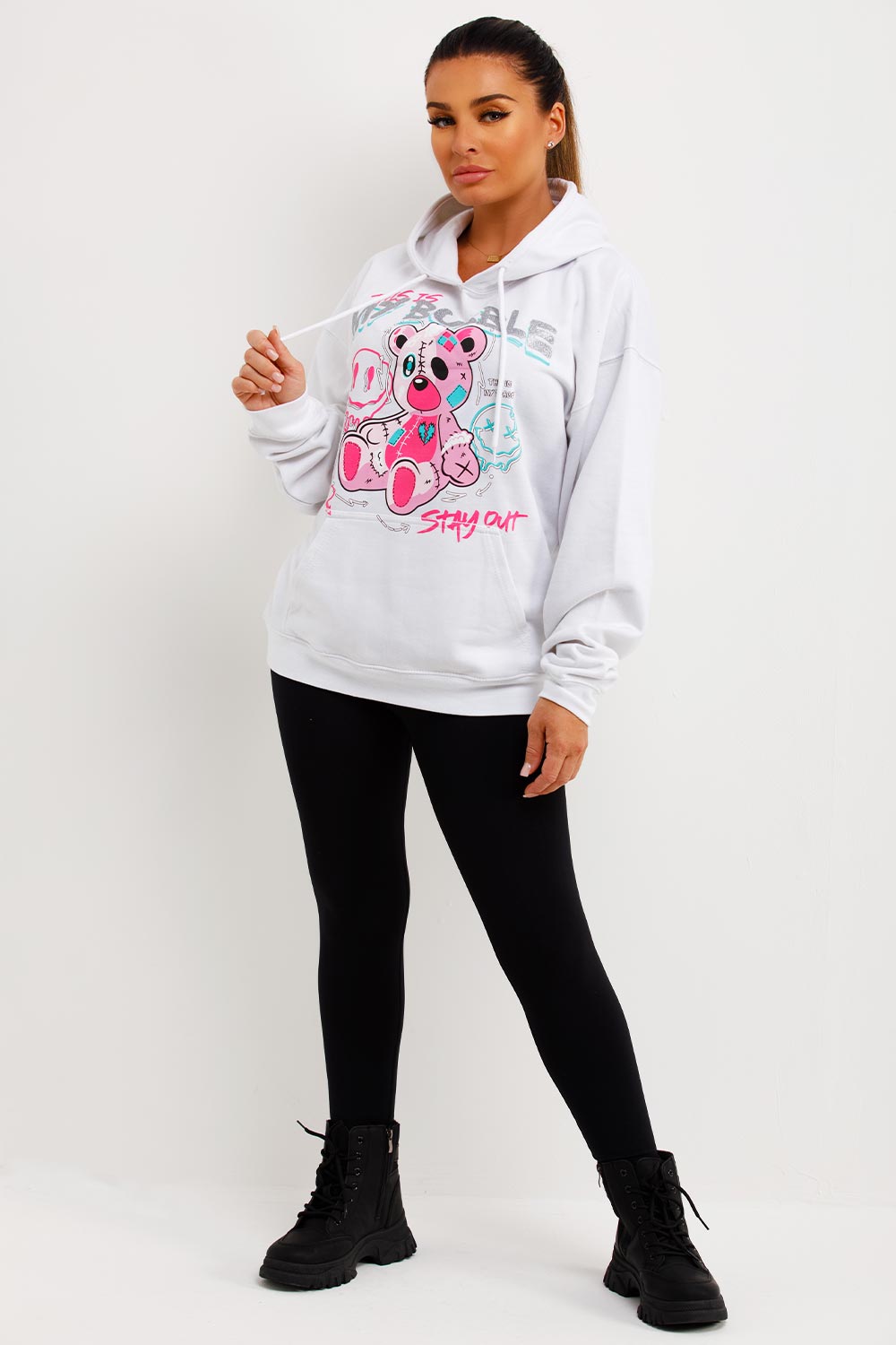 womens white oversized hoodie with teddy bear graphics