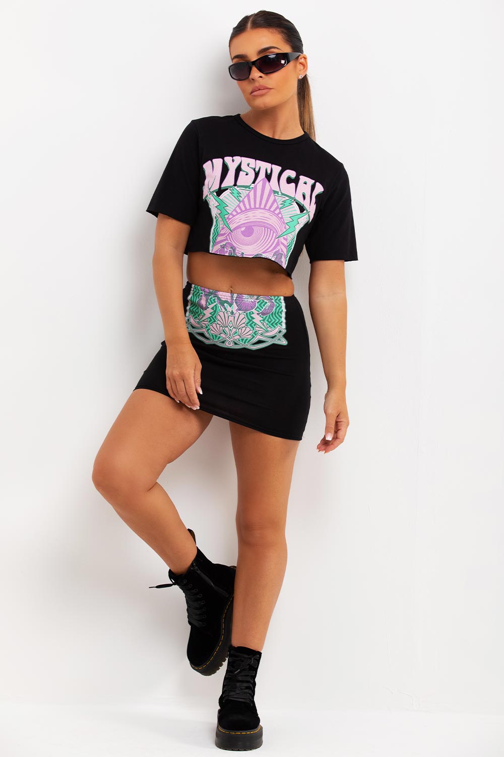 summer rave festival crop t shirt and mini skirt two piece set outfit