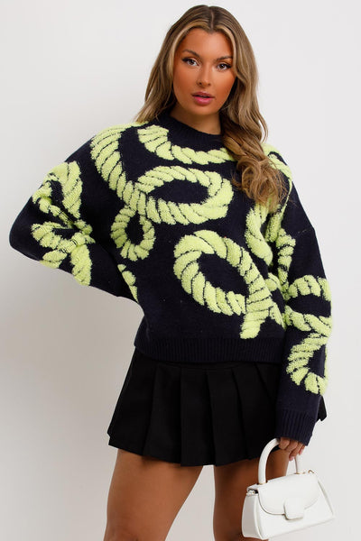 Jumper with Hemline Lettering in Lime Jacquard