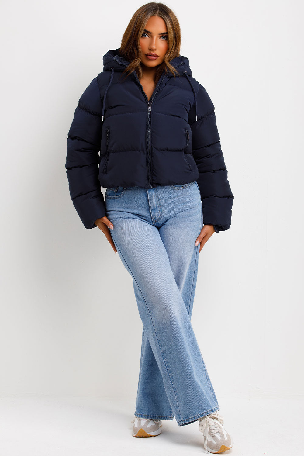 navy blue cropped puffer jacket