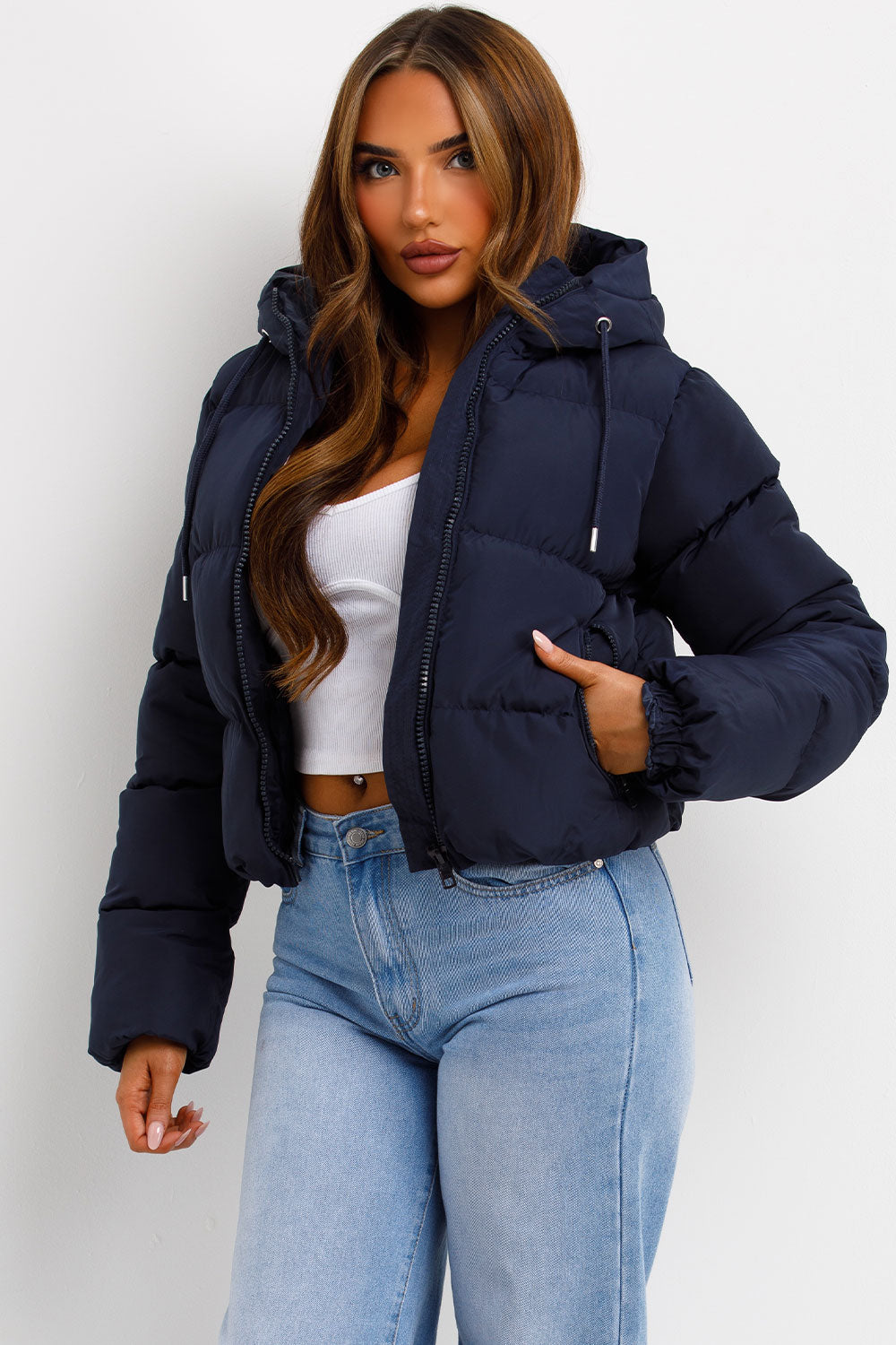 navy padded puffer jacket with hood styledup womens